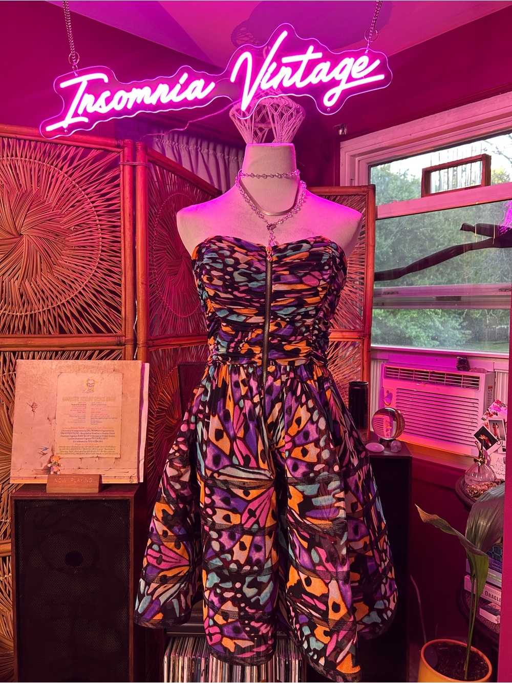 Betsey Johnson Y2K Multicolor Print Fit-and-Flare Strapless Dress